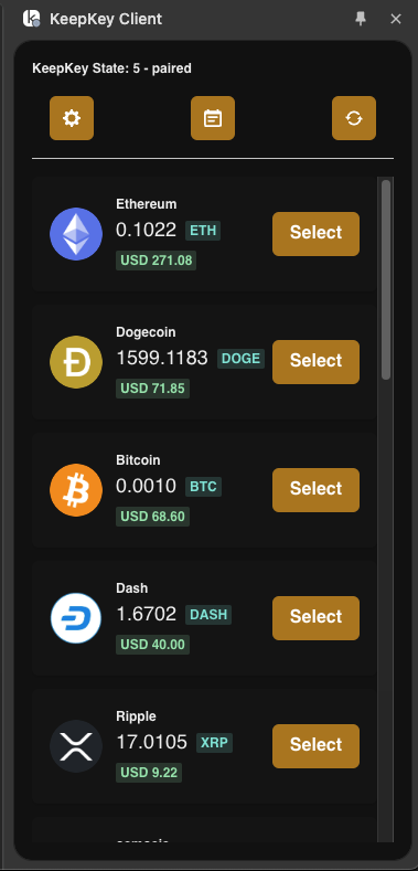 KeepKey Bex home dashboard