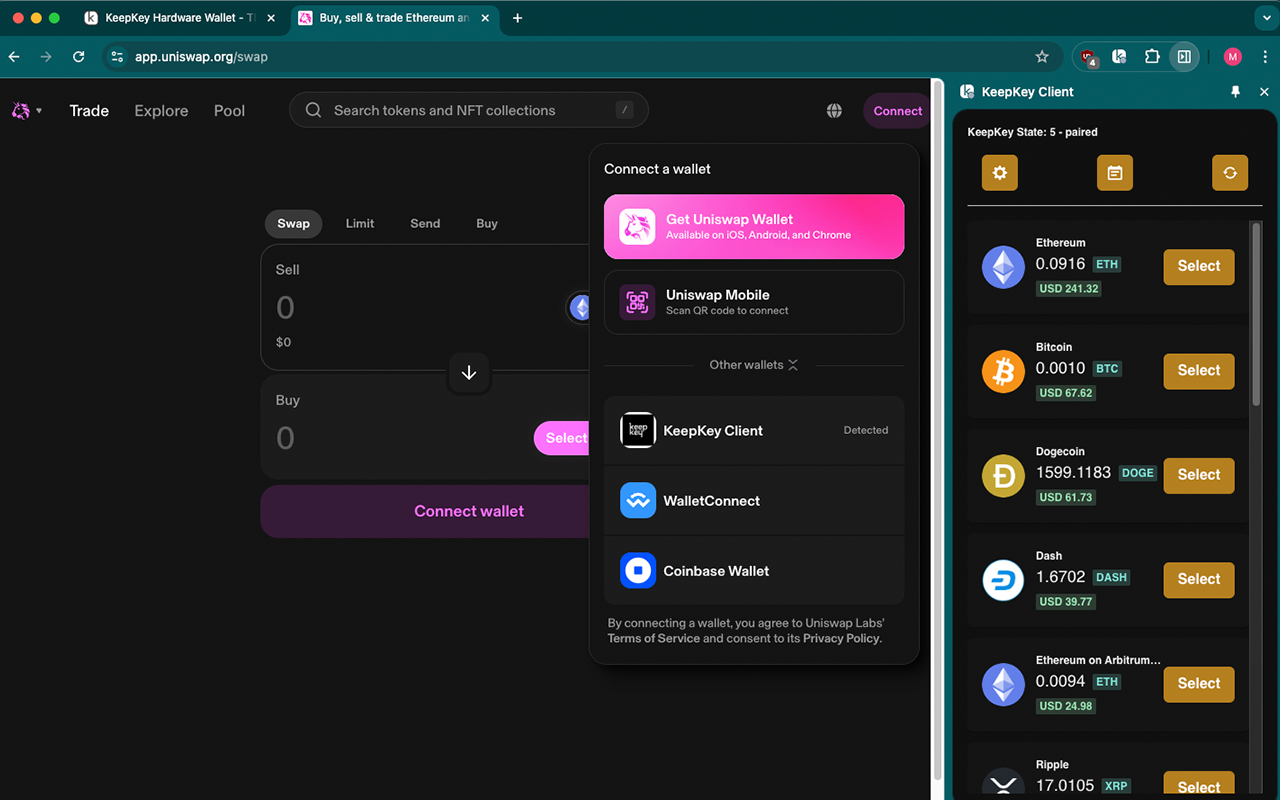 KeepKey Bex connected to Uniswap